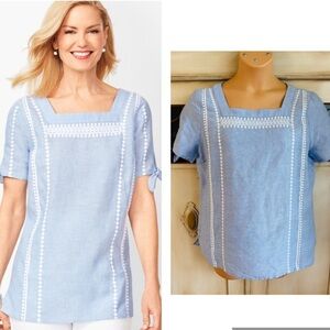 Talbots Square-Neck Embroidered 100% Linen Top shirt Cross Dyed women’s size XS